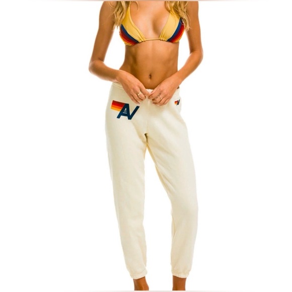 Like New! Aviator Nation Cream Track Pants with Rainbow Accents